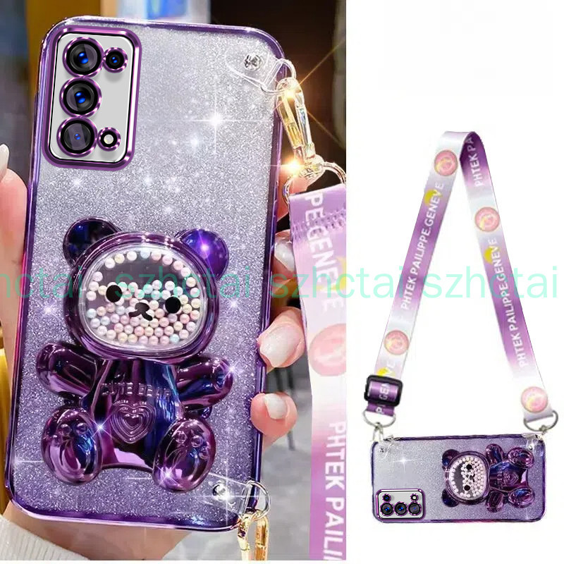 Ốp lưng OPPO RENO 5 5g oppo RENO 4 OPPO Reno5 dây đeo cổ tay dài phong cách với giá đỡ hình gấu hạt 