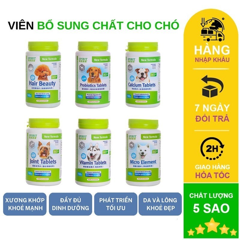 Hộp Canxi Cho Chó Mèo, Vitamin, Dưỡng Lông, Bổ Sung Dinh Dưỡng Spirit Hộp 160 Viên - Mã PKCMK55