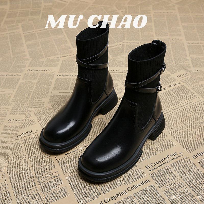 Muchao Giày bốt ngắn phong cách mới giày bốt nữ gót dày phong cách Hàn Quốc Giày bốt Martin nữ mùa thu đông
