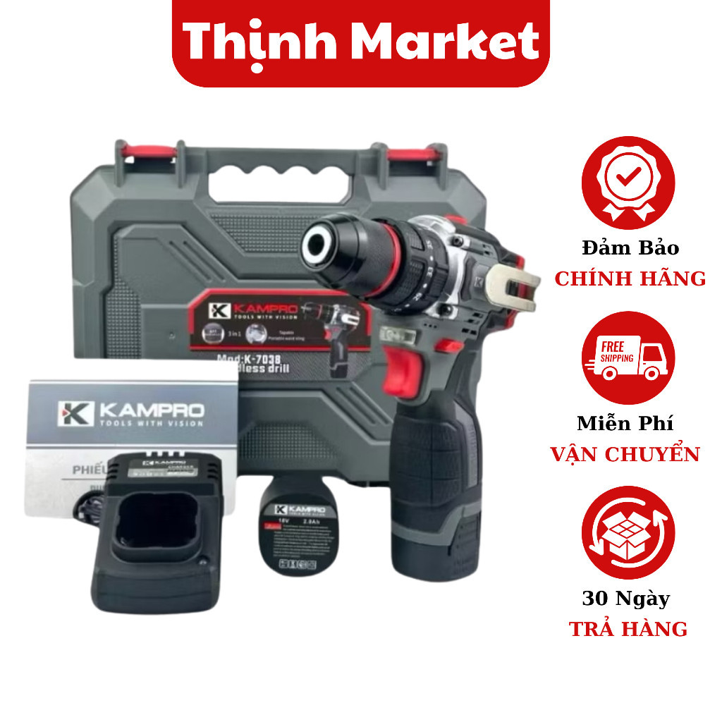 Máy Khoan Pin Kampro K-7038 3 Chức Năng , Không Chổi Than ,Đầu Kẹp Autolock ,Pin 4 Cell