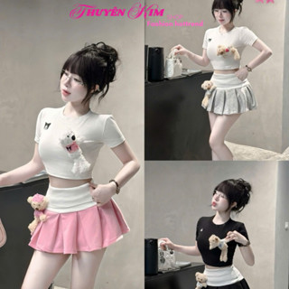 LS_ Set mặc hè, set cá tính, áo Borip tay ngắn croptop phối chân váy Thun xếp ly 2 gấu dáng mini