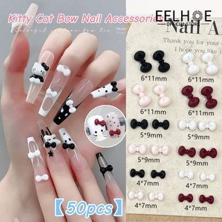 EELHOE 【50 cái】Phụ kiện làm móng hình nơ mèo Kitty hoạt hình dễ thương bằng nhựa DIY Phụ kiện làm móng có thể đeo được