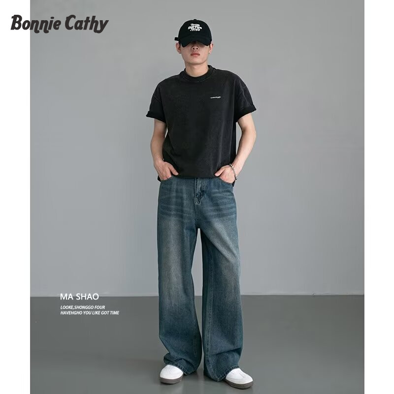 Bonnie Cathy Quần Jean Ống Rộng Cổ Điển Cho Nữ, Cạp Cao