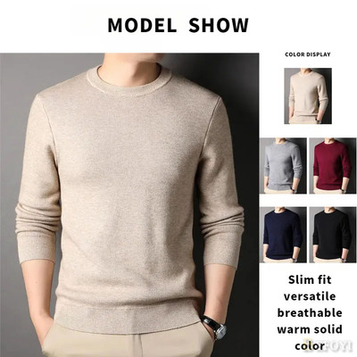 Áo len nam mùa thu, dáng slim fit, cổ tròn, thoáng khí, màu trơn