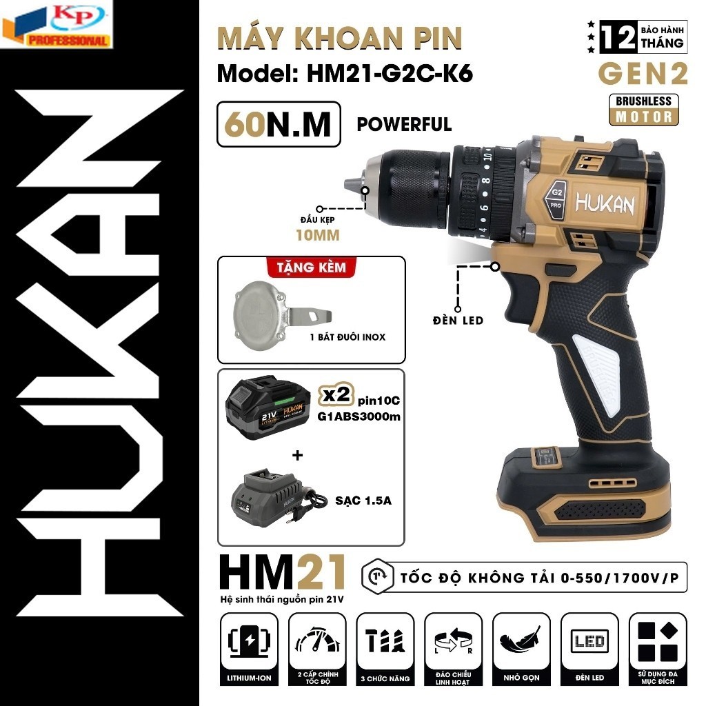 Máy khoan pin HUKAN HM21-G2C-K6, Động cơ Không chổi than, 3 Chức năng. Kim phát điện máy