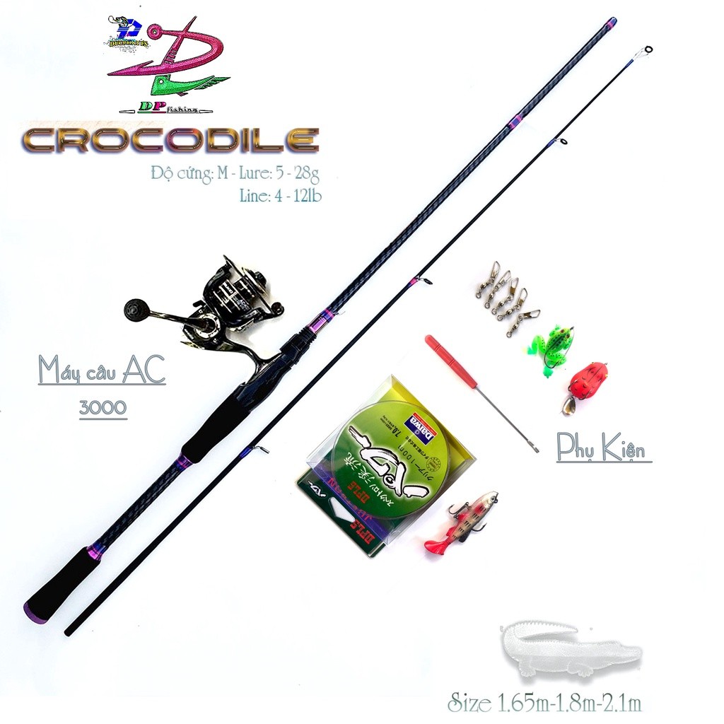 Bộ cần câu lure đứng carbon Crocodile máy câu Deukio AC3000 tặng bộ mồi câu MS230 Quỳnh Fishing