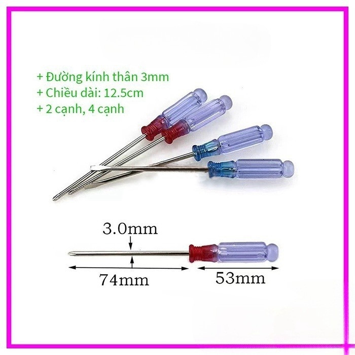 Tua vít Philips nhỏ 3mm 2 cạnh, 4 cạnh cán pha lê trong suốt - tua vít 2 cạnh, tua vít 4 cạnh 3mm