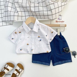  Set sơ mi trắng thô mềm họa tiết ô tô cho bé trai phối quần short jean 1 đến 7 tuổi BERNIE 1223B031 