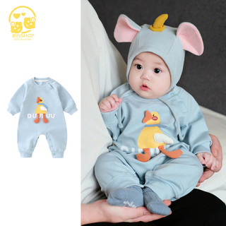  Bộ liền thân Kèm mũ Hình Vịt dài tay cho bé gái bé trai Bodysuit cho bé gái trai chất cotton Quần áo sơ sinh 0-12M 