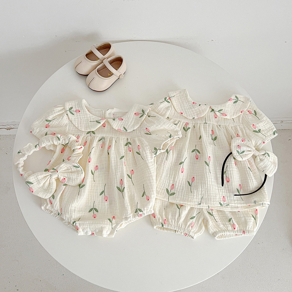 Mùa Hè Quần Áo Sơ Sinh Cho Bé Body Mềm Tay Ngắn Hoa Cho Bé Romper Có Băng Đô 0-24 Tháng