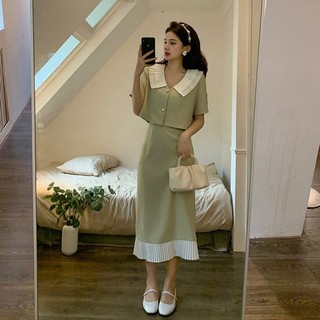 Daxingzhe Áo Sơ Mi Thơm Nữ Rời Tay Ngắn + Váy Giữa Chiều Dài Khóa Màu Váy Chữ A