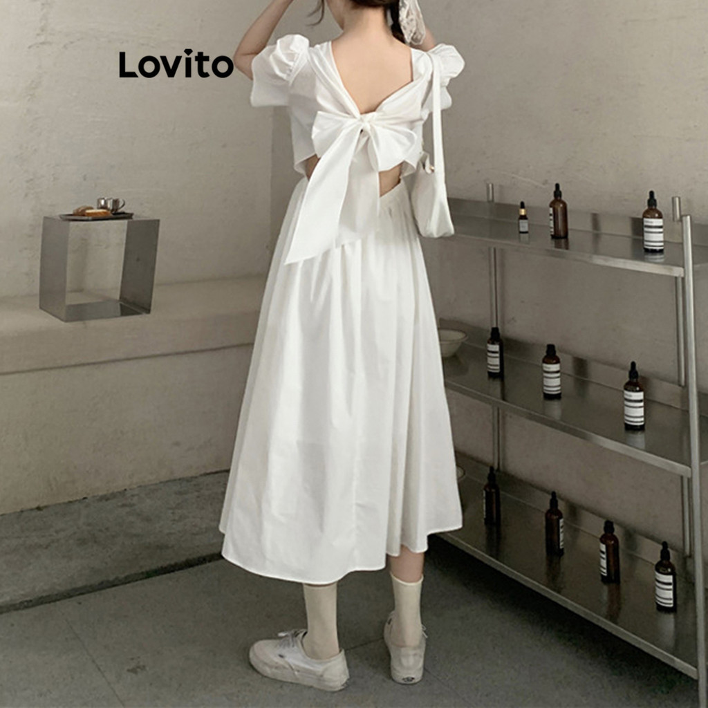 Đầm Lovito màu trơn xếp nếp kiểu nơ phía sau hở lưng phong cách thường ngày cho nữ LNE62177