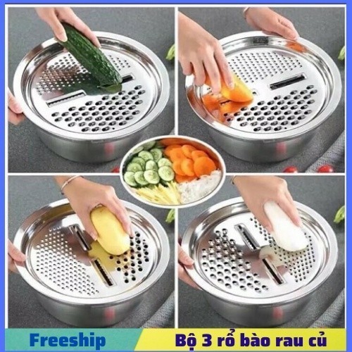 Bộ thau rổ bào - Bộ rổ, chậu kèm nạo rau củ quả inox đa năng 3in1- Bộ 3 món bào nạo rau củ kiêm rổ v