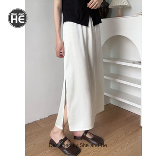 Phiên Bản Hàn Quốc Kích Thước Lớn Cao Cấp Màu Trơn Váy Giữa Chiều Dài Co Giãn Eo Bên Cắt Váy Chữ A Đơn Giản Đi Lại Váy