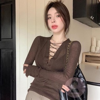 Dre-áo thun dài tay dệt kim thời trang dài tay cổ chữ V sâu buộc chéo phía trước Slim Fit