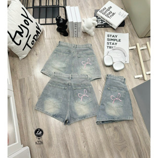 Quần short jean nữ họa tiết thêu nơ túi Lê Huy Fashion MS x226