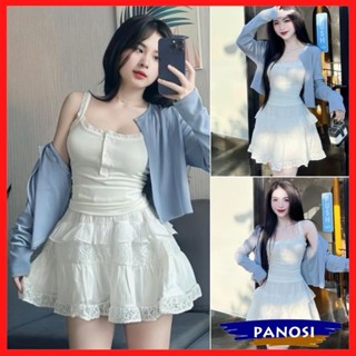 [SET 3 MÓN] Sét Váy Gồm Áo Khoác Cardigan Xanh + Áo 2 Dây + Chân Váy Xòe Ngắn Phối Ren Xinh Xắn B499 - PANOSI