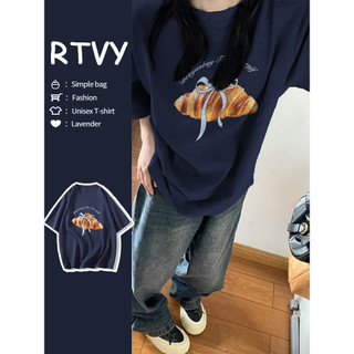 「RTVY」Áo thun Cotton ngắn tay Cotton nguyên chất màu xanh Tây Tạng dáng rộng cổ tròn nơ in hình hàng đầu