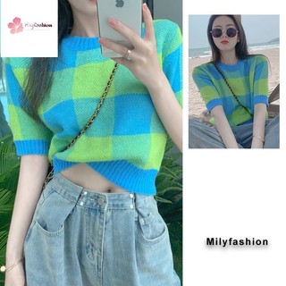 Áo dệt kim tay ngắn thiết kế mới họa tiết sọc caro thời trang