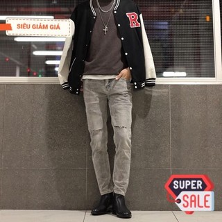 Quần bò nam rách gối slimfit co giãn màu xám pon.mens