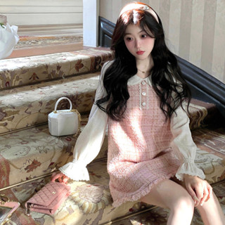  Váy Búp Bê Viền Tua Rua Kẻ Sọc Hồng Ngọt Ngào Phối Giả Liền Áo Sơ Mi Dài Tay Cổ Búp Bê Ren Kiểu Pháp Dễ Thương 