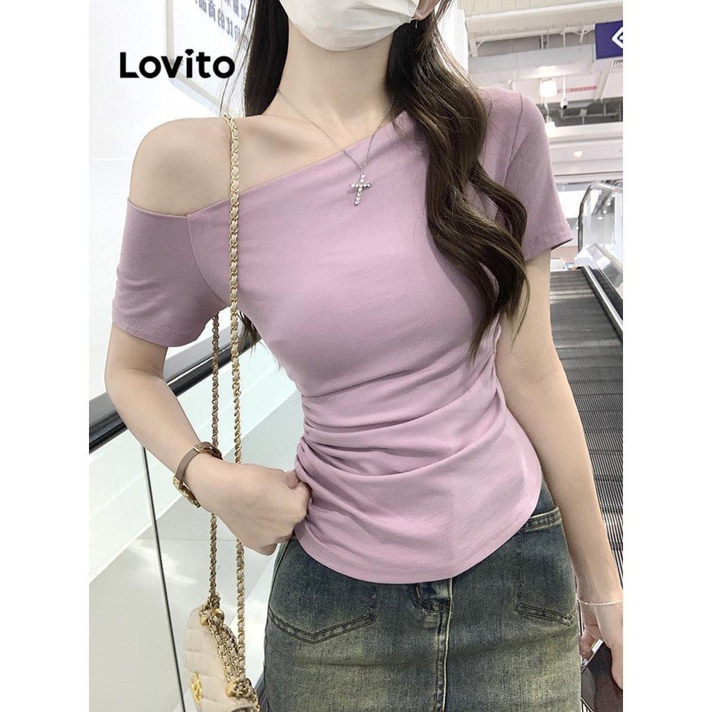 Lovito Áo thun trễ vai trơn đơn giản dành cho nữ LNE67068