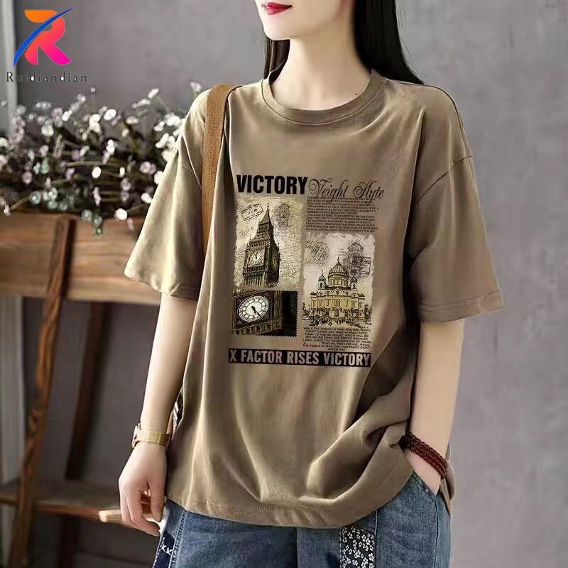 Áo thun ngắn tay mùa hè Ruidian 2025 in hình nữ cỡ lớn dáng rộng