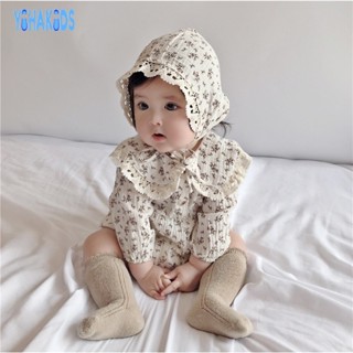 YIHAKIDS  Onesie + Mũ  Áo liền quần dài tay cổ búp bê cho bé Mũ Cotton ren hoa dễ thương 