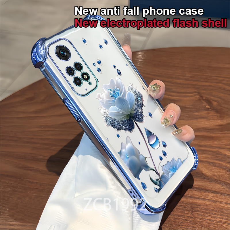 Ốp Lưng Cho Redmi Note 11 11s pro 4G 5G Ốp Điện Thoại TPU Pha Lê Giọt Mưa Hoa Xanh Họa Tiết Bốn Góc Chống Rơi Trong Suốt