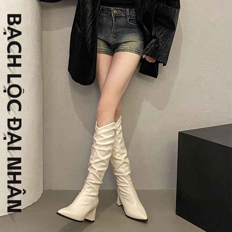 Giày bốt cao cổ mũi nhọn phong cách dành cho nữ Giày bốt có dây kéo cao đến đầu gối