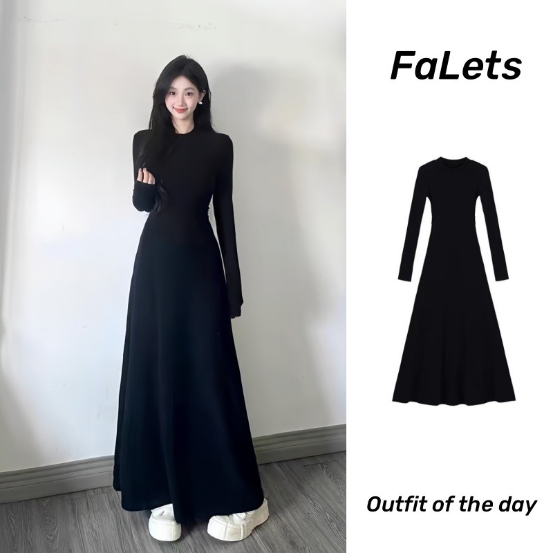 Đầm body dáng dài Váy đen dài tay mùa đông Váy liền dài tay màu đen váy dài kiểu Pháp mẫu đầu thu cho nữ