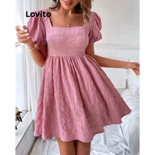 Đầm xòe Lovito tay phồng xếp nếp màu trơn thường ngày cho nữ LNE16044 (màu hồng)