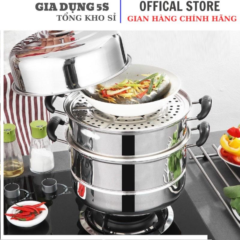 Nồi Hấp Inox 3 Tầng 28CM Dùng Cho Cả Bếp Từ Và Bếp Ga Tặng Kèm Xửng Hấp