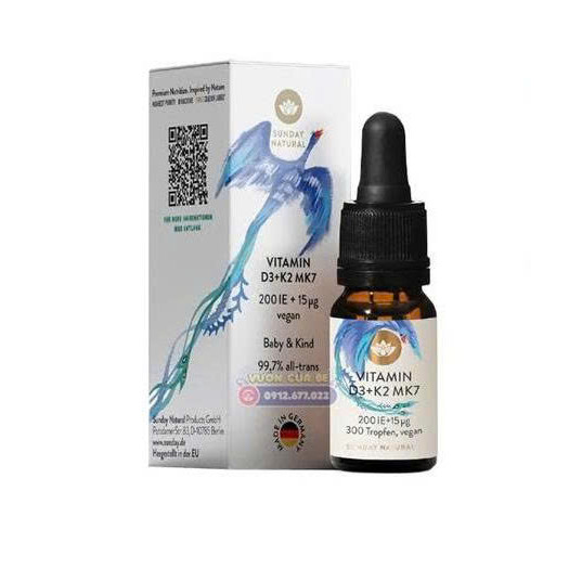 Vitamin D3K2 MK7 thuần chay (dạng giọt) Sunday Natural - Đức - Chai 10ml - Từ sơ sinh