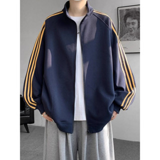 2025 Áo Khoác Cardigan rộng nối màu tương phản Sọc Cổ Đứng không ủi cho nam mùa thu mới