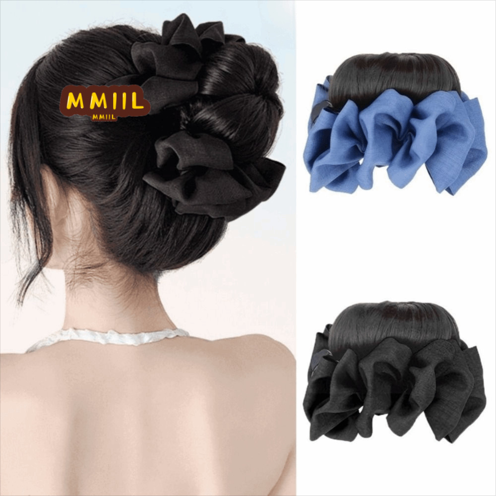 HIFUN Tóc tổng hợp bun chignon scrunchy vuốt kẹp xanh đen nơ, tạo vẻ đẹp tự nhiên