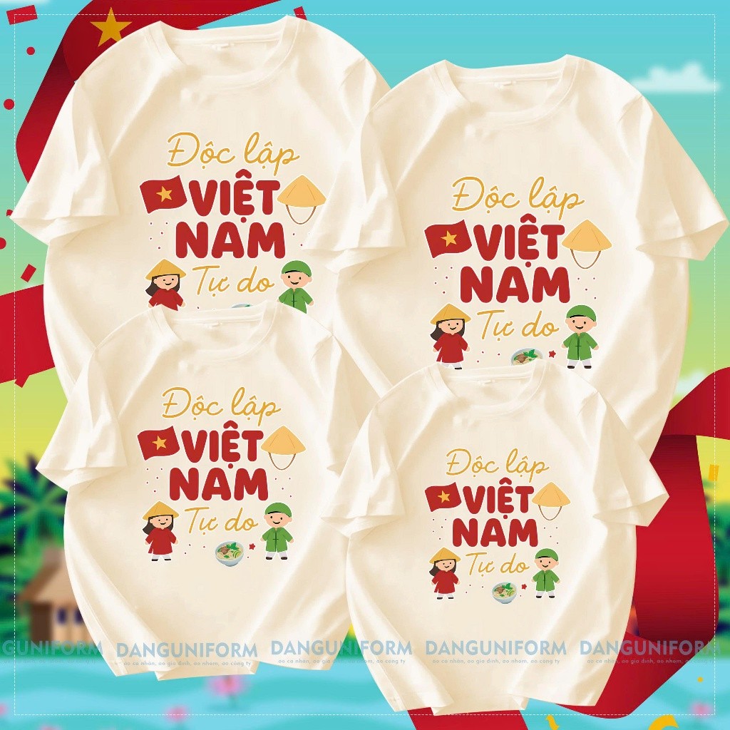 Áo thun gia đình- Áo thun trắng/kem in chữ Việt Nam độc lập tự do chất cottton 100% co giãn 4c, hình in bền chặt