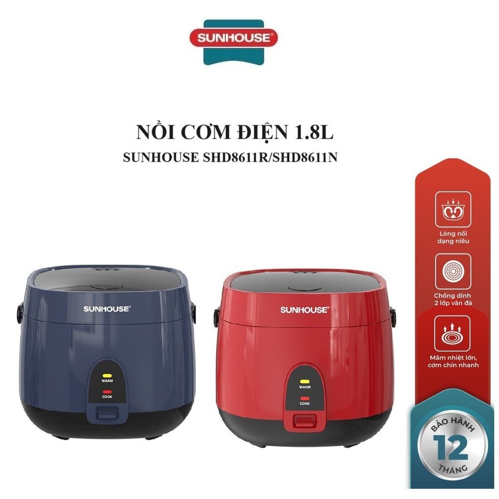 NỒI CƠM ĐIỆN 1.8L SUNHOUSE SHD8611N/SHD8611R