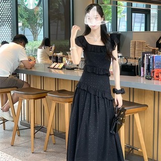 Váy Liền Cổ Vuông Tay Bay Chấm Bi Màu Đen, Váy Dài Phong Cách Nhẹ Nhàng Cổ Điển Khí Chất Tôn Dáng