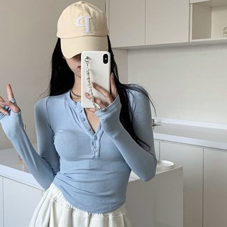 Áo thun dài tay cổ chữ V gợi cảm tinh khiết Thiết kế áo ngắn độc đáo sang trọng độc đáo cho số ít áo mặc trong phối thu đông cho nữ
