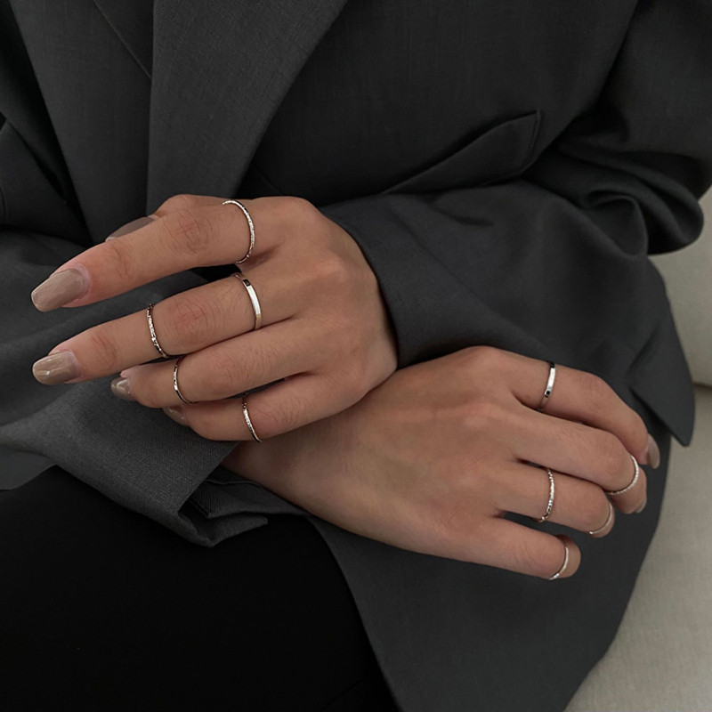 Đơn Giản Đồng Bằng Nhẫn Bộ Nữ Niche Cao Cấp Xếp Chồng Vòng Nhiều Kết Hợp Bộ Nhẫn Bóng Trơn Chỉ Số Nhẫn Đuôi Vòng Trơn