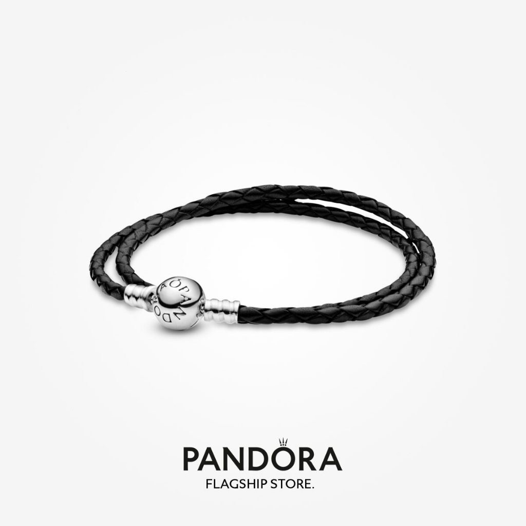 PANDORA S925 sterling bạc trang sức vòng tay mặt dây chuyền Pandora Moments Vòng tay da đen đôi