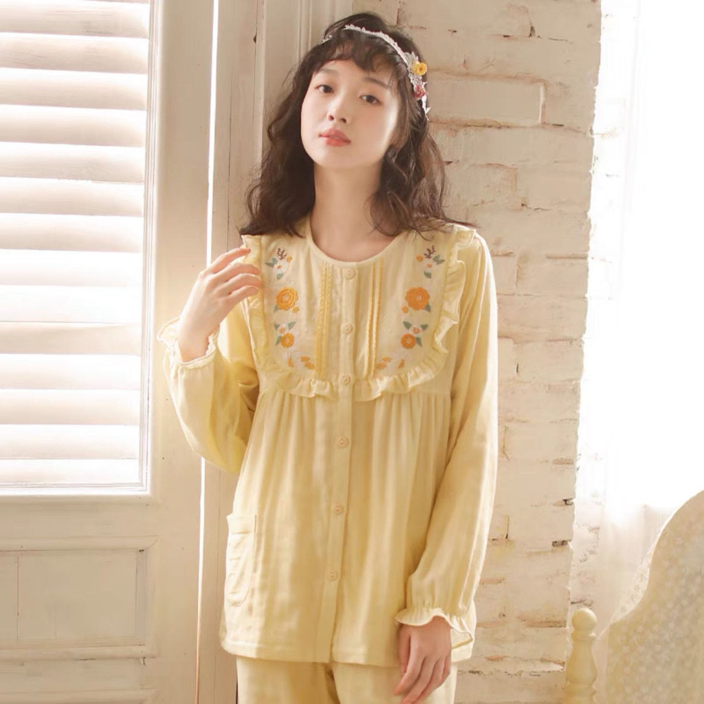 Nhật Bản Ngọt Ngào Phong Cách Công Chúa Thêu Homewear Nữ Bộ Đồ Ngủ Mùa Thu Dài Tay Cổ Tròn Mùa Xuân Thu Cotton Nguyên Chất Gạc Mỏng Phù Hợp Với 9.6 | BigBuy360 - bigbuy360.vn