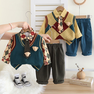  Tập Đi Bé Trai Phong Cách Anh Bộ Quần Áo Mùa Xuân Thu Thời Trang Áo Len + Gấu Kẻ Sọc & Áo Sơ Mi Chắc Chắn Có Dây Buộc Búp Bê + Quần 3 Bộ Trang Phục Quần Áo Tập Đi 