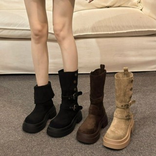 Giày bốt thời trang ống giữa đế Bánh xốp cổ điển đầu tròn mùa đông, giày bốt Martin thông thường thoáng khí co giãn cho phụ nữ thích hợp Hàn Quốc, giá bán buôn