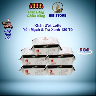   Combo 5 Gói  Khăn Ướt Gia Đình Choice L Lotte Hương Yến Mạch Trà Xanh 120 miếng 
