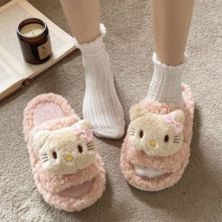 LuckeyShoes Dép Bông Hello Kitty Dép lê lông mèo đáng yêu hoạt hình cho nữ đi bên ngoài 2024 dép bông nhung chống trượt đế bằng mẫu mới mùa thu đông