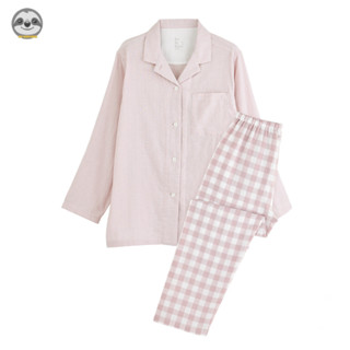 Phong cách Nhật Bản Muji Style / Bộ đồ ngủ dài tay bằng sợi đôi màu hỗn hợp / Bộ đồ ngủ Cotton nguyên chất mùa xuân thu / Bộ đồ ngủ sọc kẻ sọc