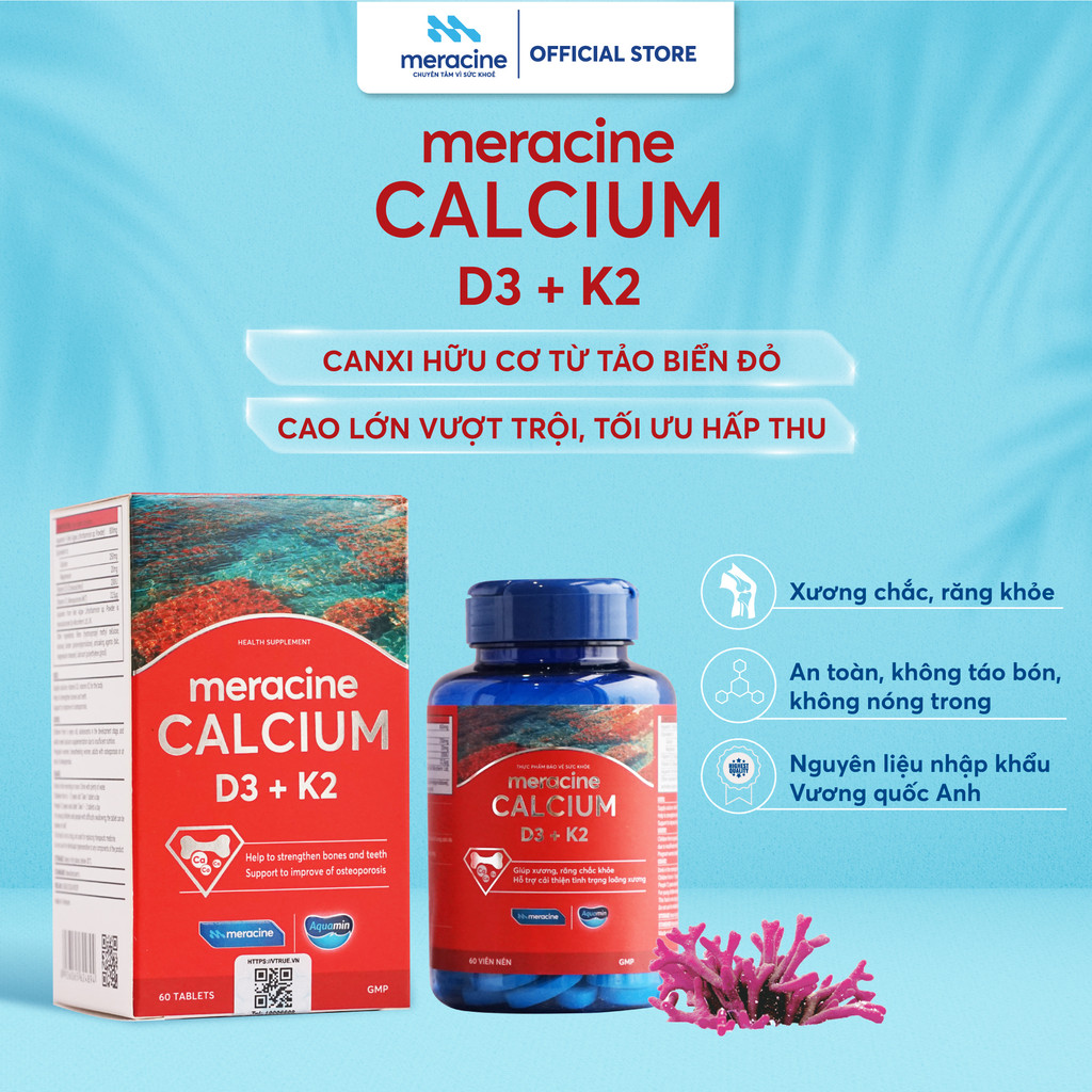 Canxi hữu cơ từ tảo biển đỏ Meracine Calcium D3K2 giúp xương, răng chắc khỏe, hỗ trợ phát triền chiều cao (hộp 60 viên)