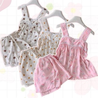 Đồ Ngủ Nữ, Bộ Mặc Nhà 2 Dây Bản To Viền Ren Vải Đũi Hàn Freesize Dưới 58kg